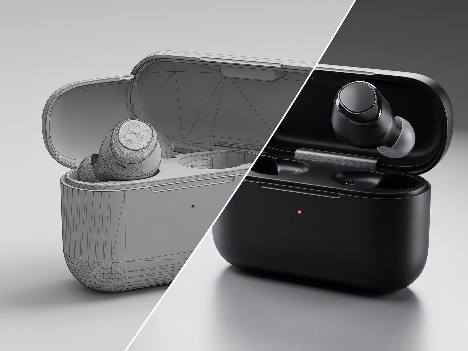 Product rendering of wireless earbuds from clay model to photorealistic render